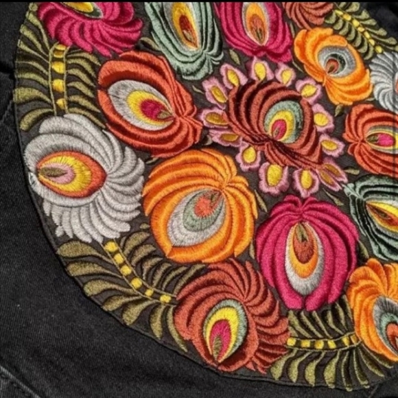 New Boho Embroidered Floral Denim Jean Jacket Oversized Coat Black - Picture 4 of 12